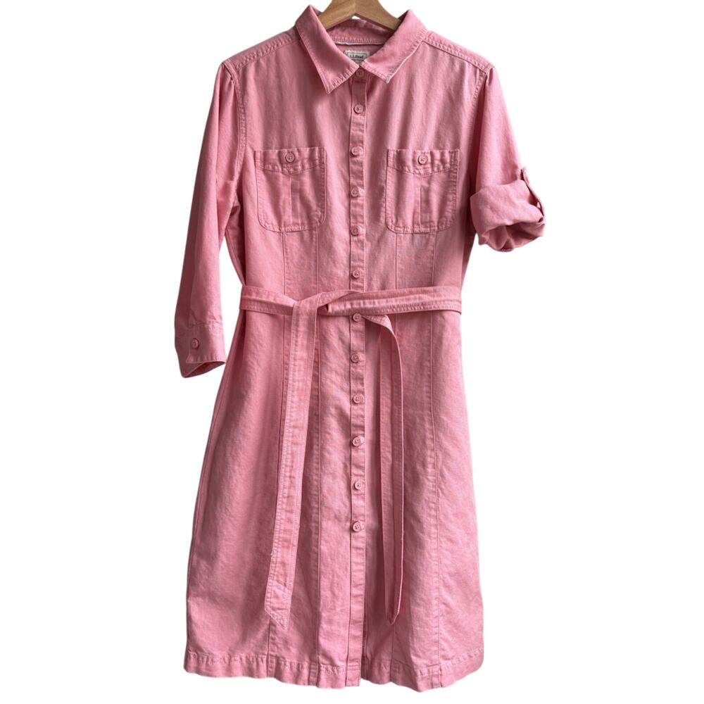 LL Bean Linen Cotton Belted Button Front Shirt Dress Pink Roll‎ Tab Sleeves XL P